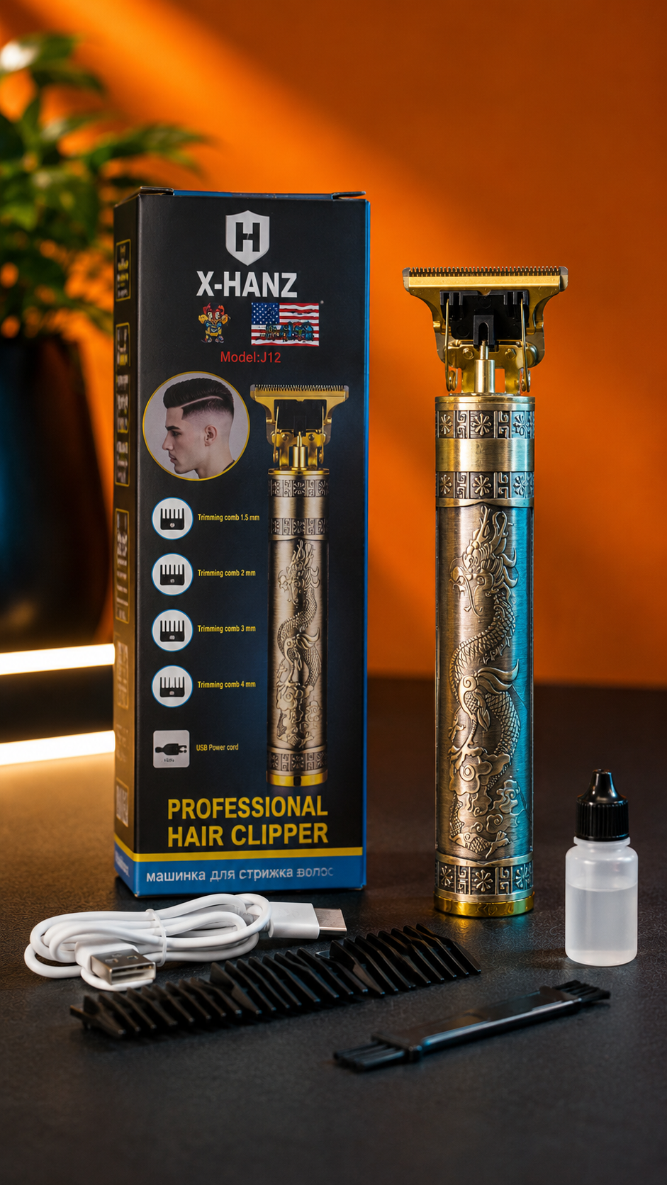 ماشین اصلاح موی سر و خط زن شارژی X-HANZ مدل J12 | حرفهای، بیسیم و شارژ USB